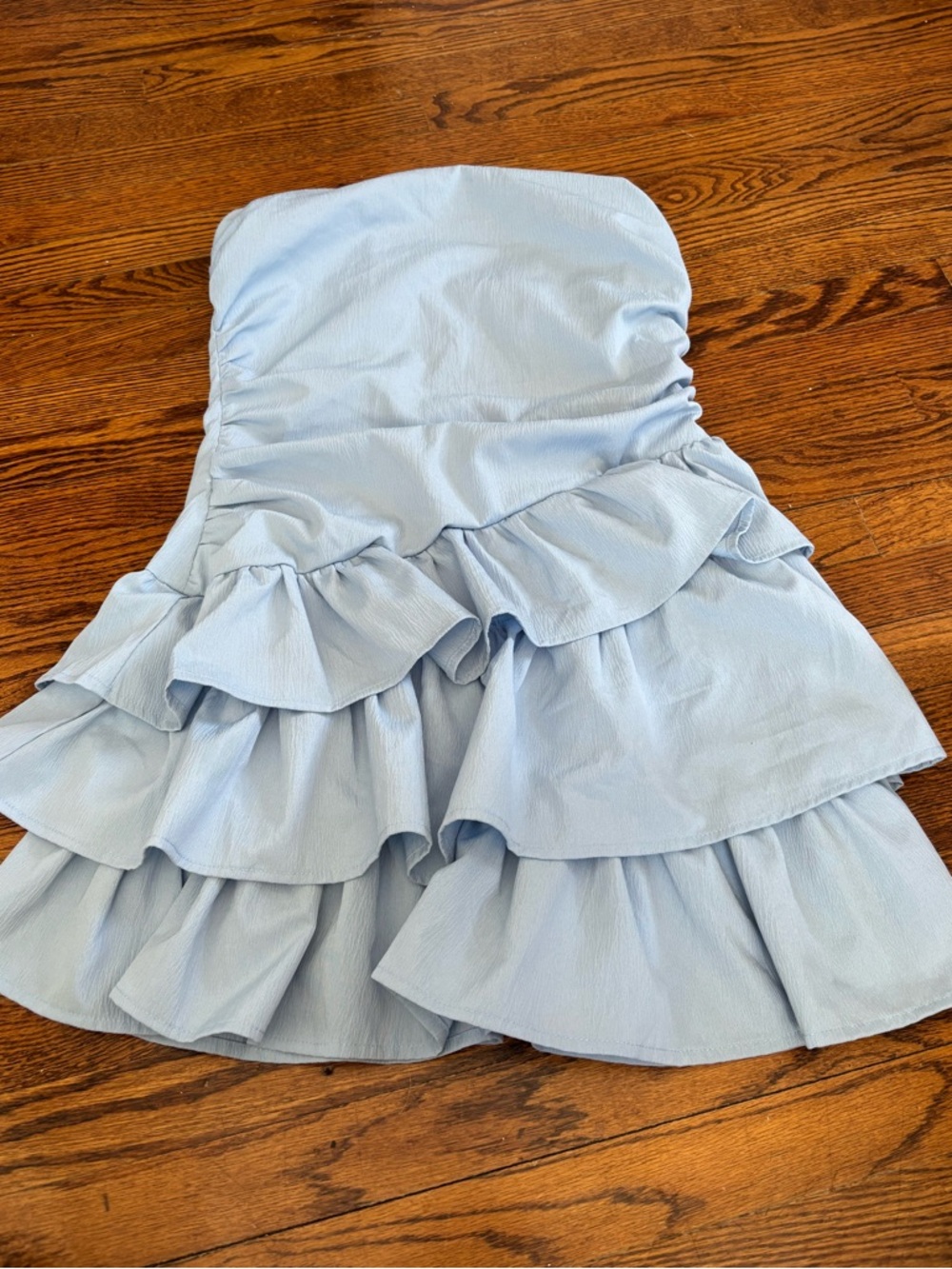 SHEIN Light Blue Strapless Tiered Ruffle Mini Dress
